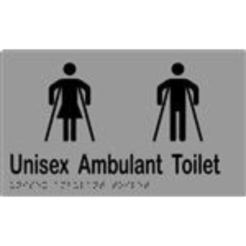 Unisex Ambulant Toilet Sign with Braille, Laminated Vinyl 250x150 Silver Over Black in Silver