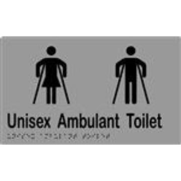 Unisex Ambulant Toilet Sign with Braille, Laminated Vinyl 250x150 Silver Over Black in Silver