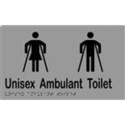 Unisex Ambulant Toilet Sign with Braille, Laminated Vinyl 250x150 Silver Over Black in Silver