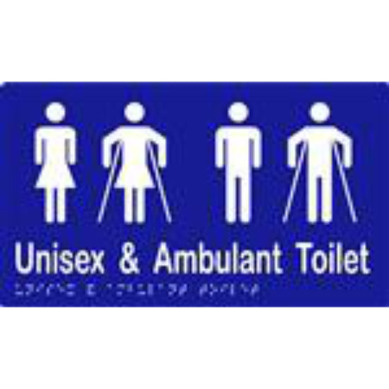 Unisex & Ambulant Toilet Sign with Braille, Laminated Vinyl 260x150 Blue Over White in Blue