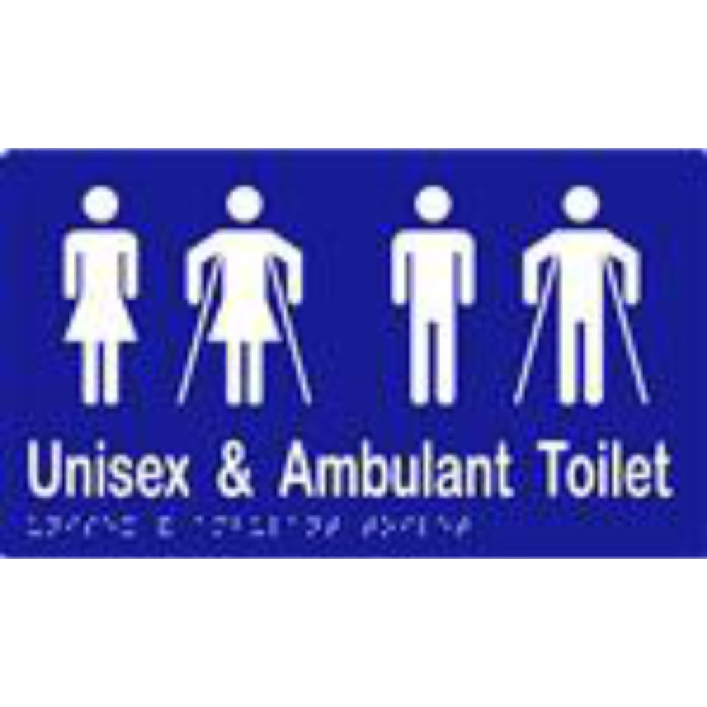 Unisex & Ambulant Toilet Sign with Braille, Laminated Vinyl 260x150 Blue Over White in Blue