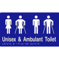 Unisex & Ambulant Toilet Sign with Braille, Laminated Vinyl 260x150 Blue Over White in Blue