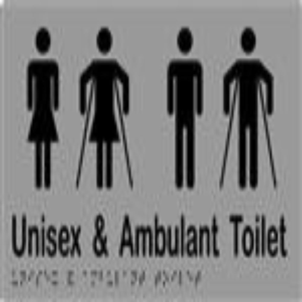 Unisex & Ambulant Toilet Sign with Braille, Laminated Vinyl 260x150 Silver Over Black in Silver