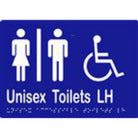 Unisex Accessible Toilets LH Sign with Braille, Laminated Vinyl 210x150 Blue Over White in Blue