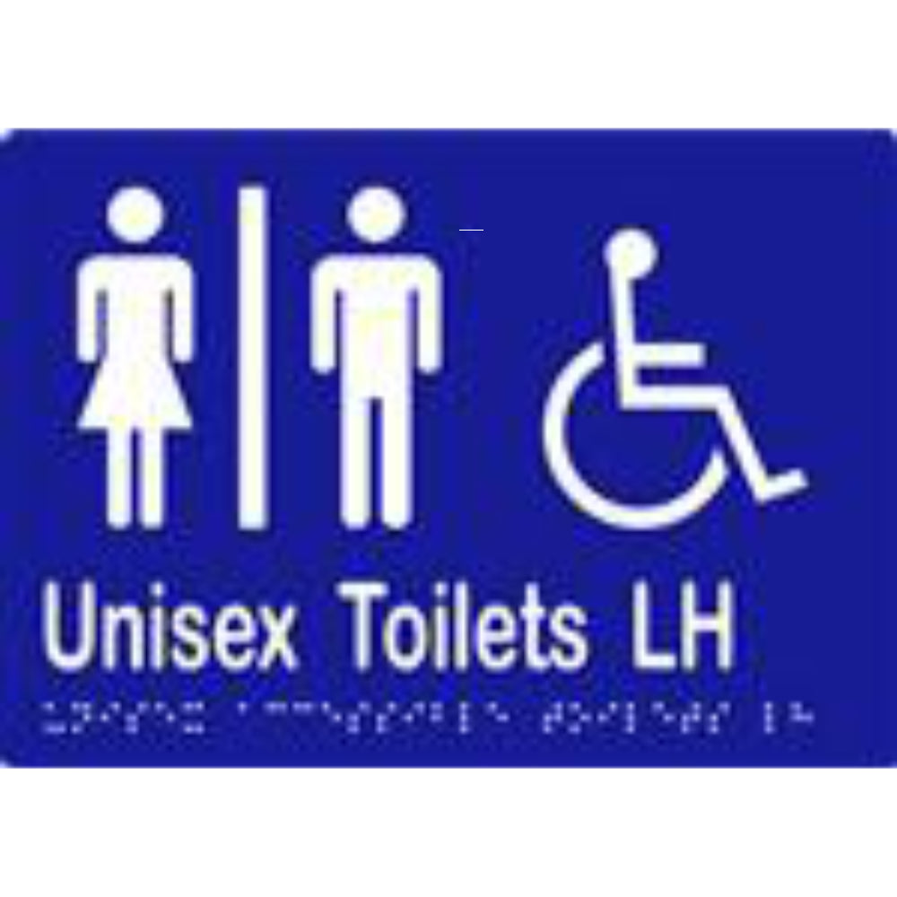 Unisex Accessible Toilets LH Sign with Braille, Laminated Vinyl 210x150 Blue Over White in Blue