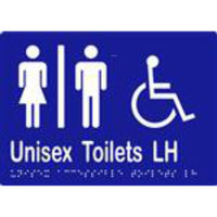 Unisex Accessible Toilets LH Sign with Braille, Laminated Vinyl 210x150 Blue Over White in Blue