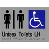 Unisex Accessible Toilets LH Sign with Braille, Laminated Vinyl 210x150 Silver Over Black in Silver