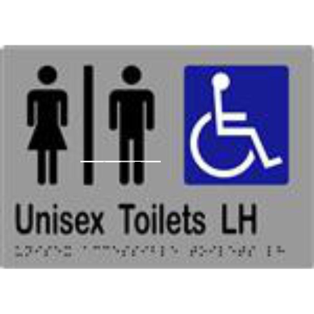 Unisex Accessible Toilets LH Sign with Braille, Laminated Vinyl 210x150 Silver Over Black in Silver