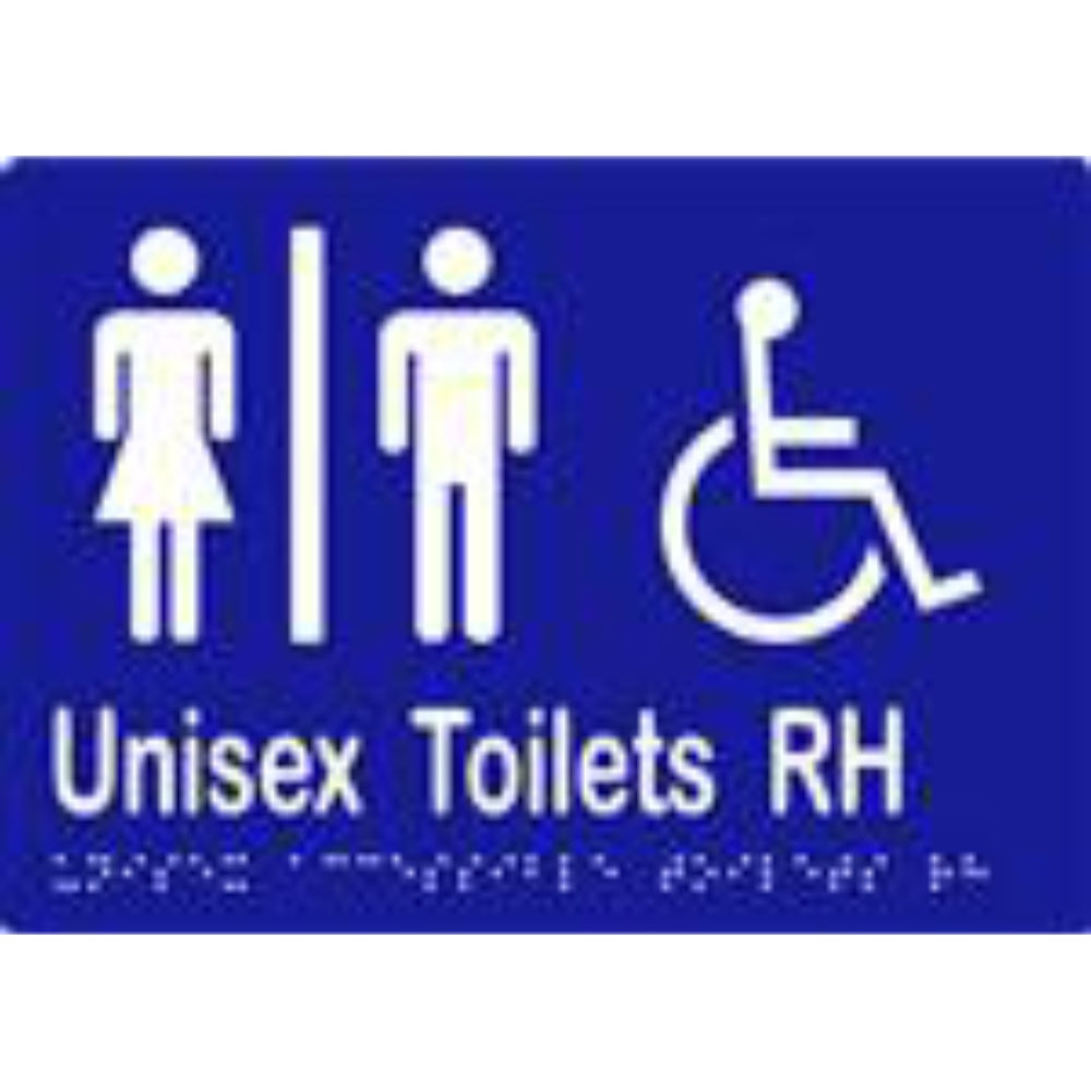 Unisex Accessible Toilets RH Sign with Braille, Laminated Vinyl 210x150 Blue Over White in Blue