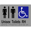 Unisex Accessible Toilets RH Sign with Braille, Laminated Vinyl 210x150 Silver Over Black in Silver