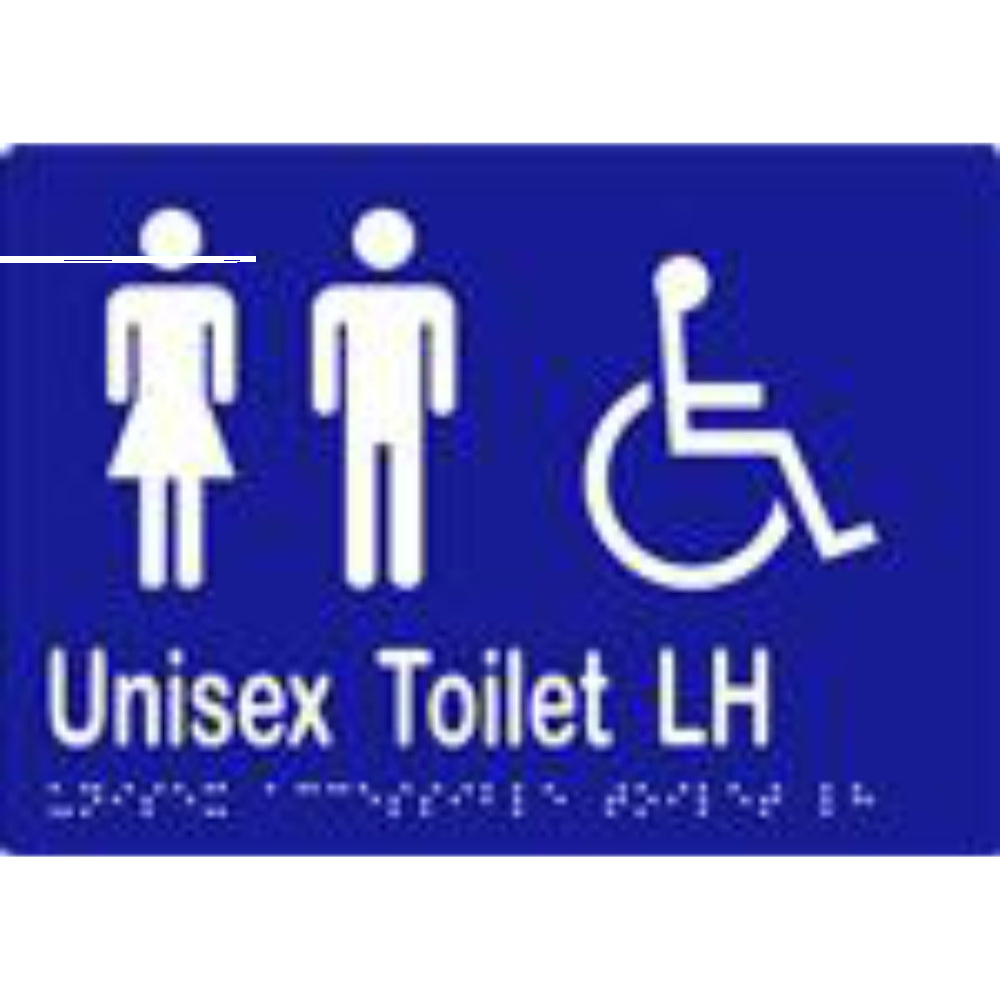 Unisex Accessible Toilet LH Sign with Braille, Laminated Vinyl 210x150 Blue Over White in Blue