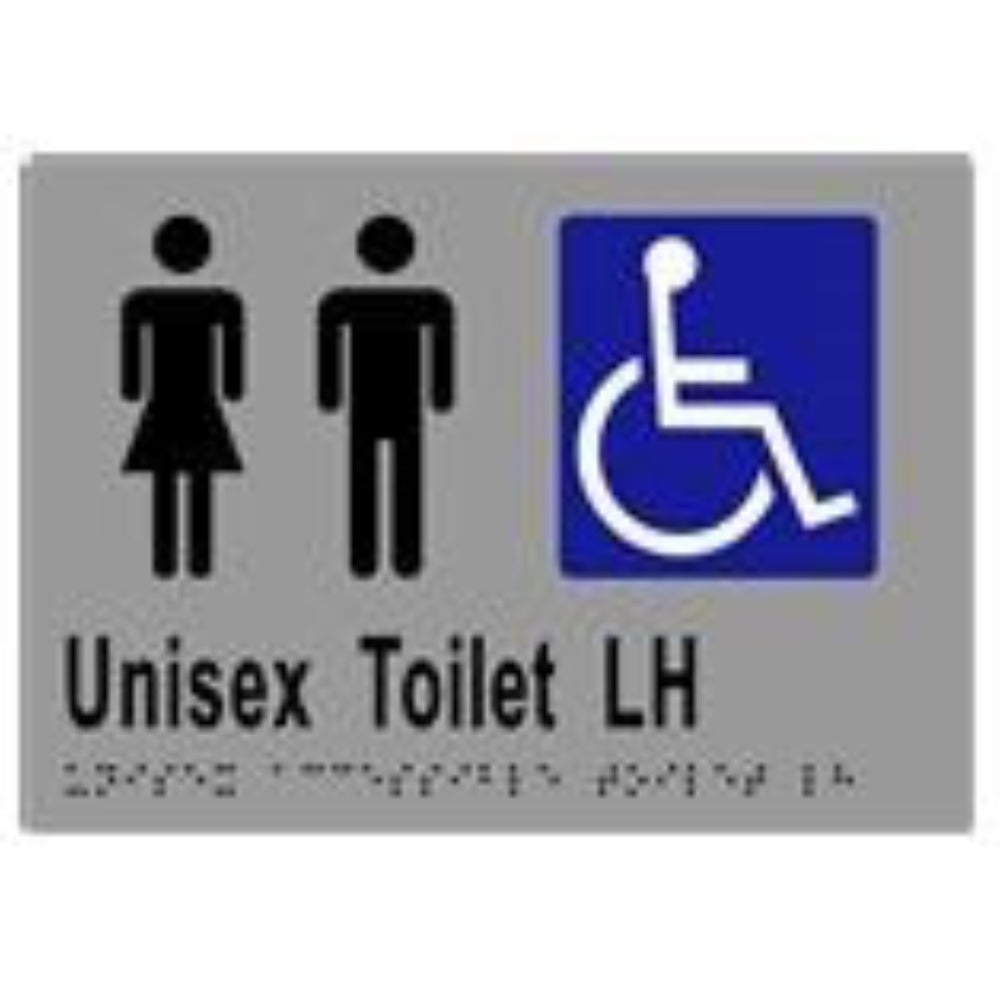 Unisex Accessible Toilet LH Sign with Braille, Laminated Vinyl 210x150 Silver Over Black in Silver