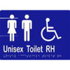 Unisex Accessible Toilet RH Sign with Braille, Laminated Vinyl 210x150 Blue Over White in Blue