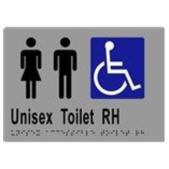 Unisex Accessible Toilet RH Sign with Braille, Laminated Vinyl 210x150 Silver Over Black in Silver