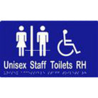 Unisex Accessible Staff Toilets RH Sign with Braille, Laminated Vinyl 260x150 Blue Over White in Blue
