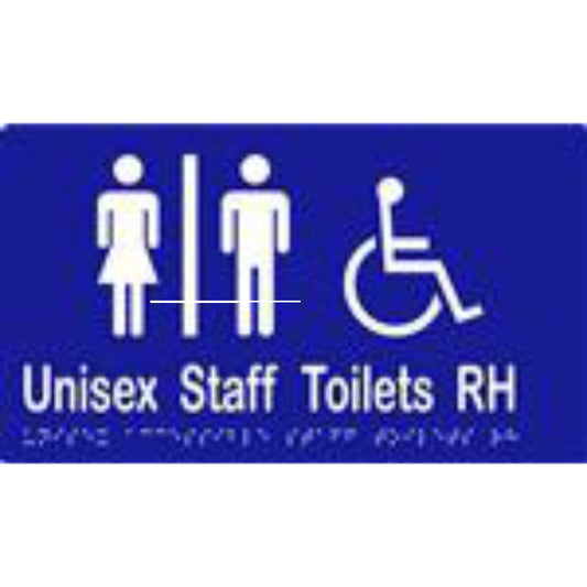 Unisex Accessible Staff Toilets RH Sign with Braille, Laminated Vinyl 260x150 Blue Over White in Blue