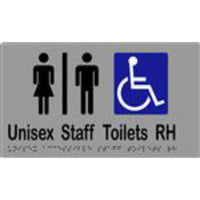 Unisex Accessible Staff Toilets RH Sign with Braille, Laminated Vinyl 260x150 Silver Over Black in Silver