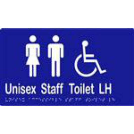Unisex Accessible Staff Toilet LH Sign with Braille, Laminated Vinyl 260x150 Blue Over White in Blue