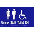 Unisex accessible staff toilet sign with braille, laminated vinyl, in white with black text and symbols, 260x150 mm.