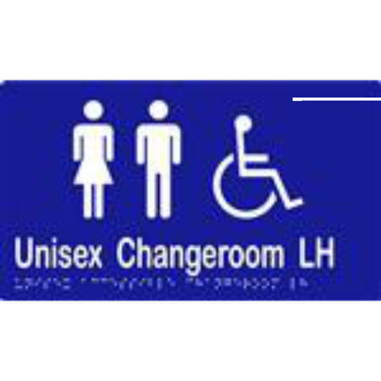 Unisex Accessible Changeroom LH Sign with Braille, Laminated Vinyl 260x150 Blue Over White in Blue