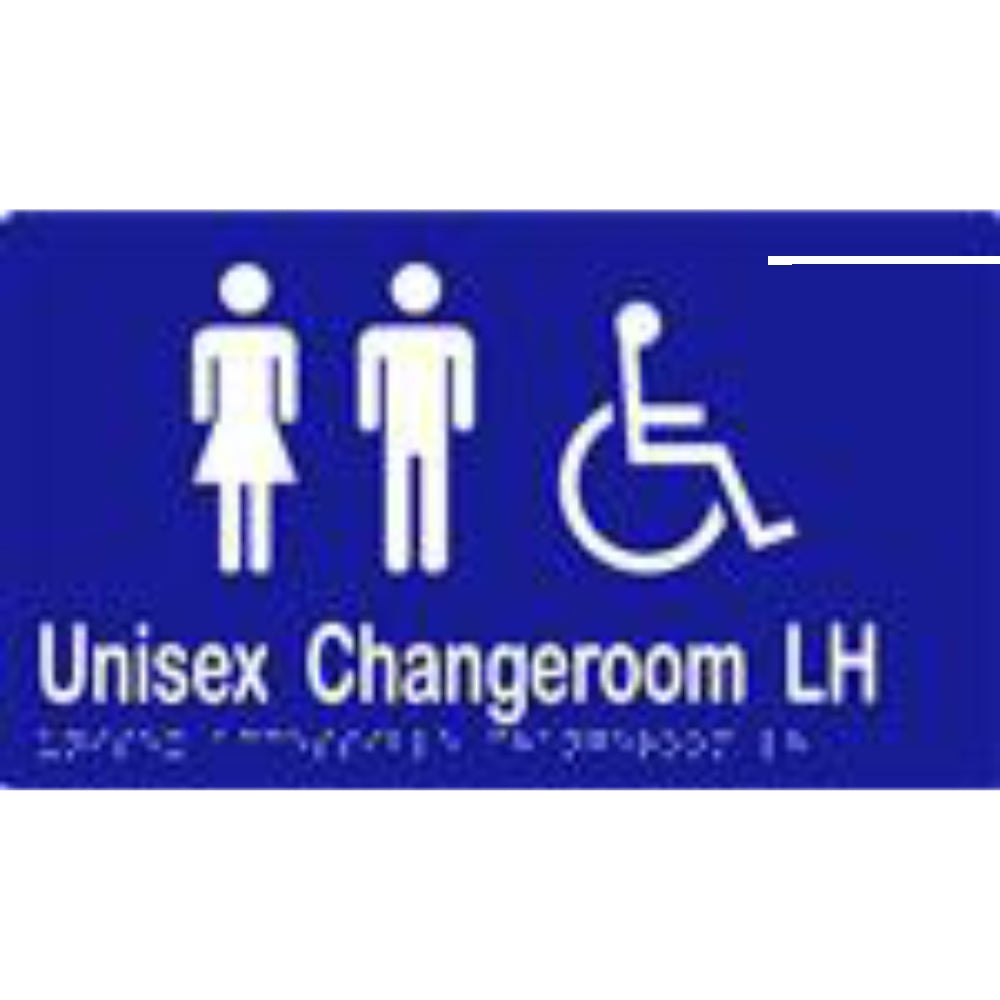 Unisex Accessible Changeroom LH Sign with Braille, Laminated Vinyl 260x150 Blue Over White in Blue