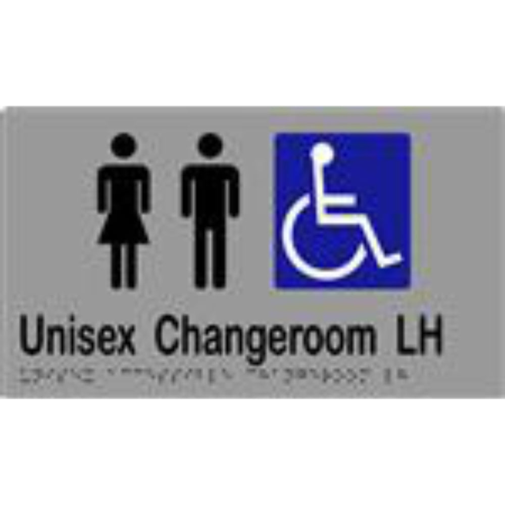 Unisex Accessible Changeroom LH Sign with Braille, Laminated Vinyl 260x150 Silver Over Black in Silver