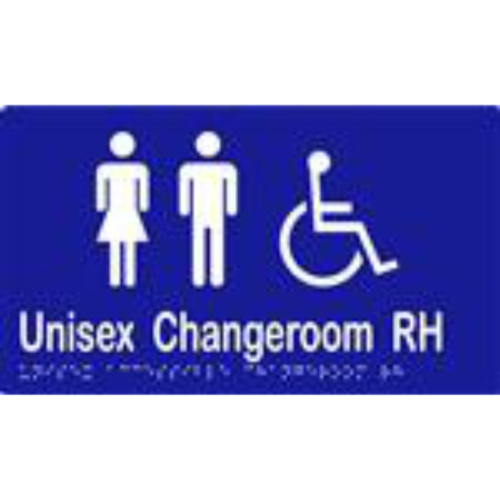 Unisex Accessible Changeroom RH Sign with Braille, Laminated Vinyl 260x150 Blue Over White in Blue