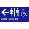 Unisex Accessible Toilets LH & Arrow Sign with Braille, Laminated Vinyl 280x150 Blue Over White in Blue