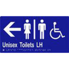 Unisex Accessible Toilets LH & Arrow Sign with Braille, Laminated Vinyl 280x150 Blue Over White in Blue