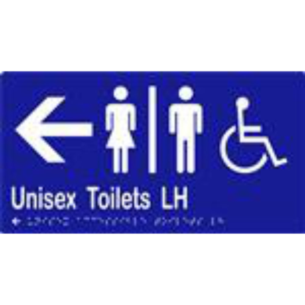 Unisex Accessible Toilets LH & Arrow Sign with Braille, Laminated Vinyl 280x150 Blue Over White in Blue