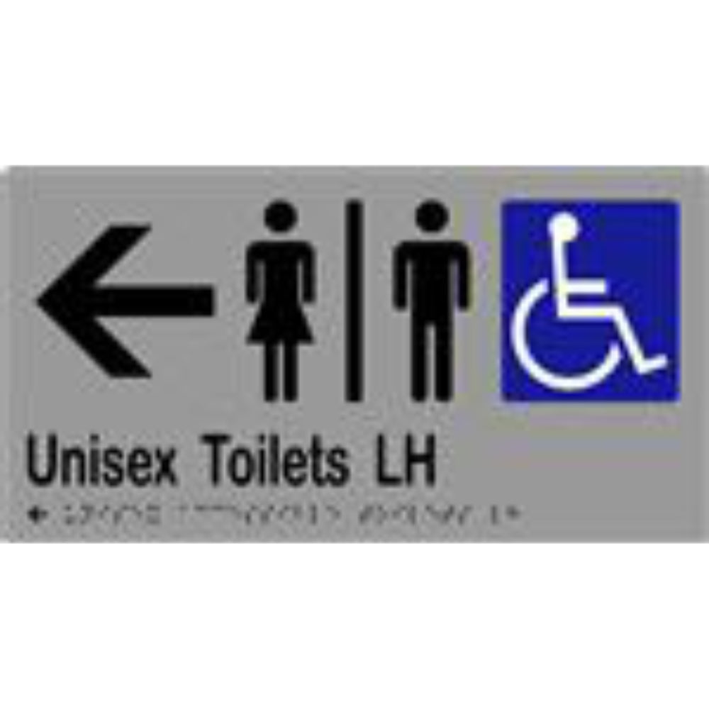 Unisex Accessible Toilets LH & Arrow Sign with Braille, Laminated Vinyl 280x150 Silver Over Black in Silver