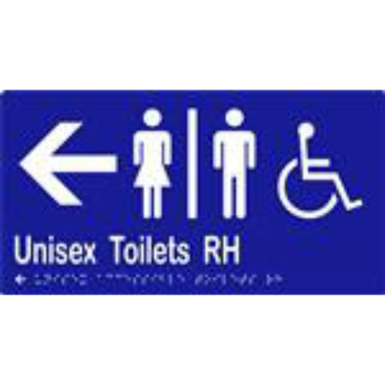 Unisex Accessible Toilets RH & Arrow Sign with Braille, Laminated Vinyl 280x150 Blue Over White in Blue