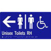 Unisex Accessible Toilets RH & Arrow Sign with Braille, Laminated Vinyl 280x150 Blue Over White in Blue
