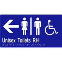 Unisex Accessible Toilets RH & Arrow Sign with Braille, Laminated Vinyl 280x150 Blue Over White in Blue