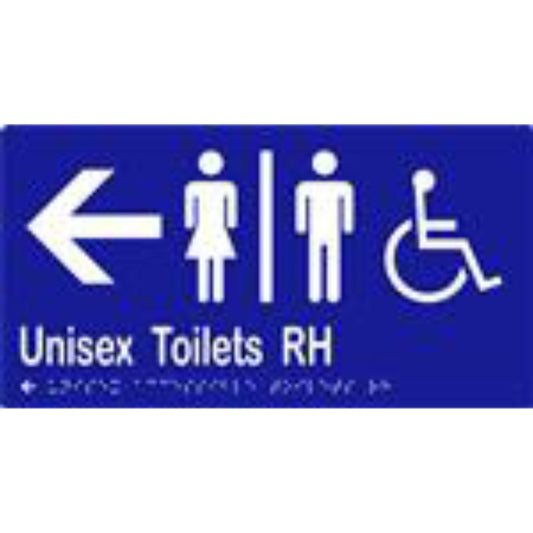 Unisex Accessible Toilets RH & Arrow Sign with Braille, Laminated Vinyl 280x150 Blue Over White in Blue
