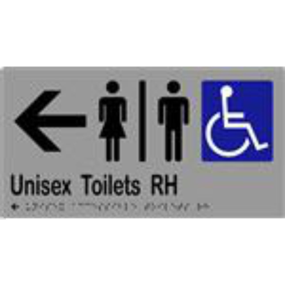 Unisex Accessible Toilets RH & Arrow Sign with Braille, Laminated Vinyl 280x150 Silver Over Black in Silver
