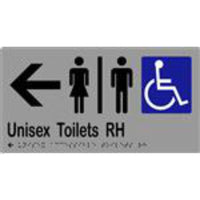 Unisex Accessible Toilets RH & Arrow Sign with Braille, Laminated Vinyl 280x150 Silver Over Black in Silver