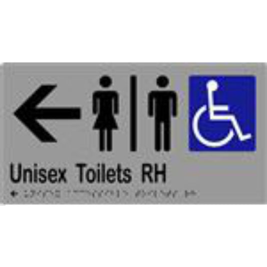 Unisex Accessible Toilets RH & Arrow Sign with Braille, Laminated Vinyl 280x150 Silver Over Black in Silver