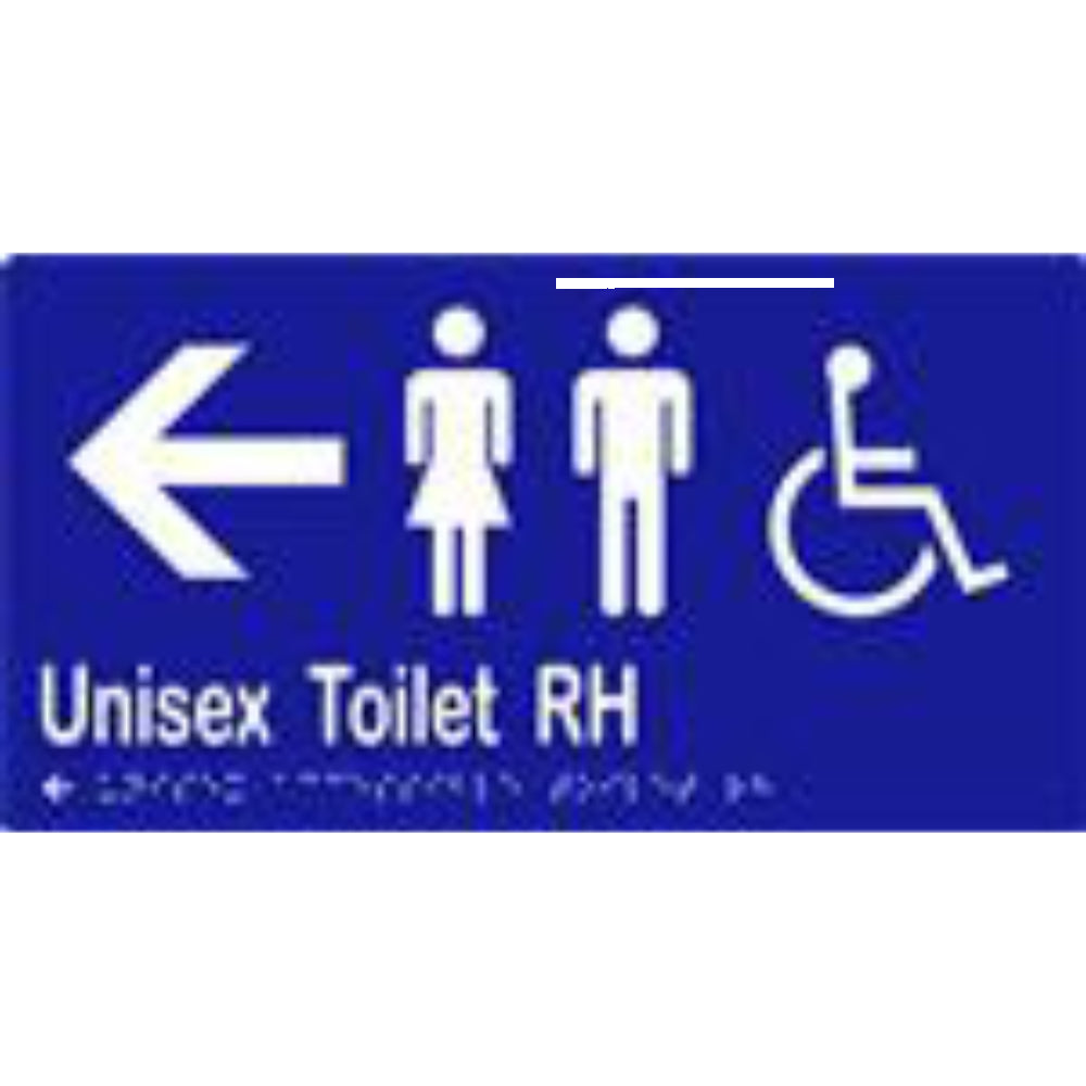Unisex Accessible Toilet RH & Arrow Sign with Braille, Laminated Vinyl 282x150 Blue Over White in Blue