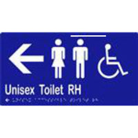 Unisex Accessible Toilet RH & Arrow Sign with Braille, Laminated Vinyl 282x150 Blue Over White in Blue