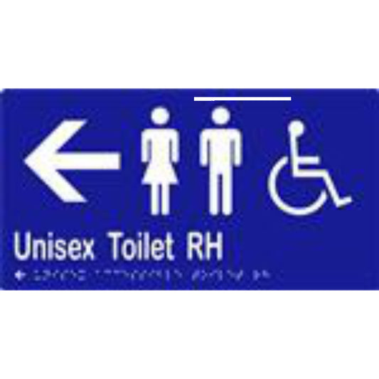 Unisex Accessible Toilet RH & Arrow Sign with Braille, Laminated Vinyl 282x150 Blue Over White in Blue