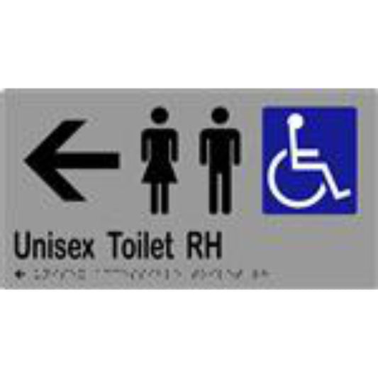 Unisex Accessible Toilet RH & Arrow Sign with Braille, Laminated Vinyl 282x150 Silver Over Black in Silver