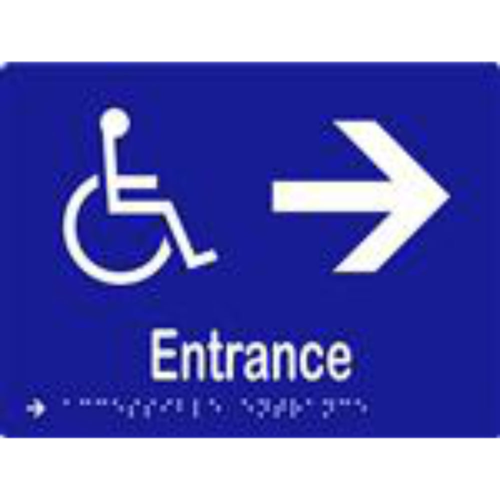 Accessible entrance and arrow sign with Braille on laminated vinyl, measuring 200x150mm, by Style Finish Design Pty Ltd.