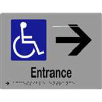 Accessible entrance and arrow sign with Braille on laminated vinyl, 200x150mm, by Style Finish Design Pty Ltd.