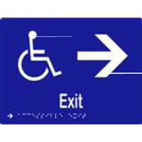 Accessible exit and arrow sign with Braille on laminated vinyl, measuring 200x150mm, by Style Finish Design Pty Ltd.