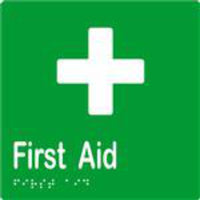 First Aid Sign with Braille, Laminated Vinyl 150x150 Green Over White in Green