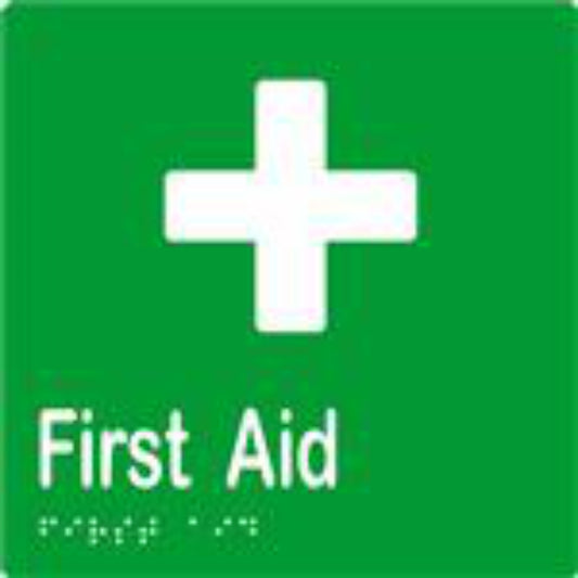 First Aid Sign with Braille, Laminated Vinyl 150x150 Green Over White in Green