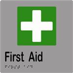 First Aid Sign with Braille, Laminated Vinyl 150x150 Silver Over Black in Silver