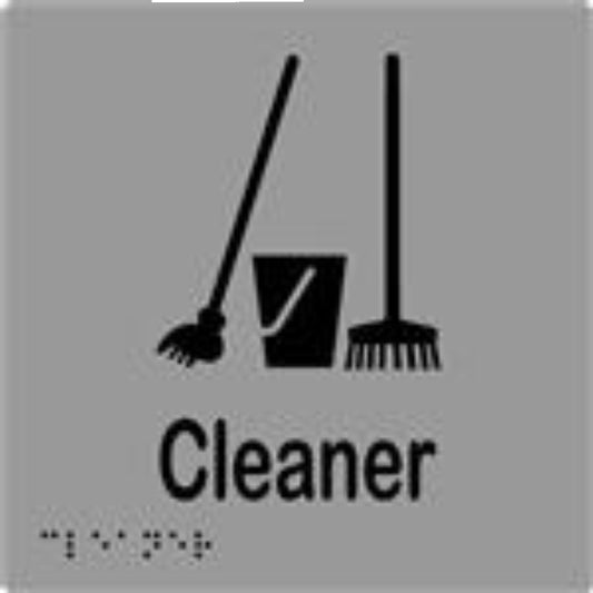 Cleaner Sign with Braille, Laminated Vinyl 150x150 Silver Over Black in Silver