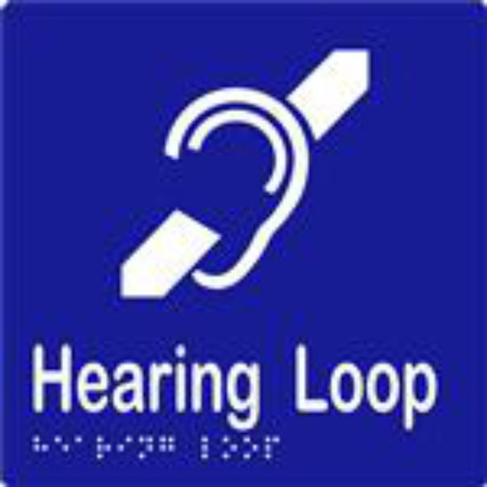 Hearing Loop Sign with Braille, Laminated Vinyl 150x150 Blue Over White in Blue